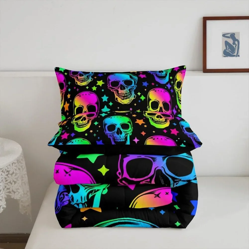 Halloween Comforter Skull Set Queen Sz